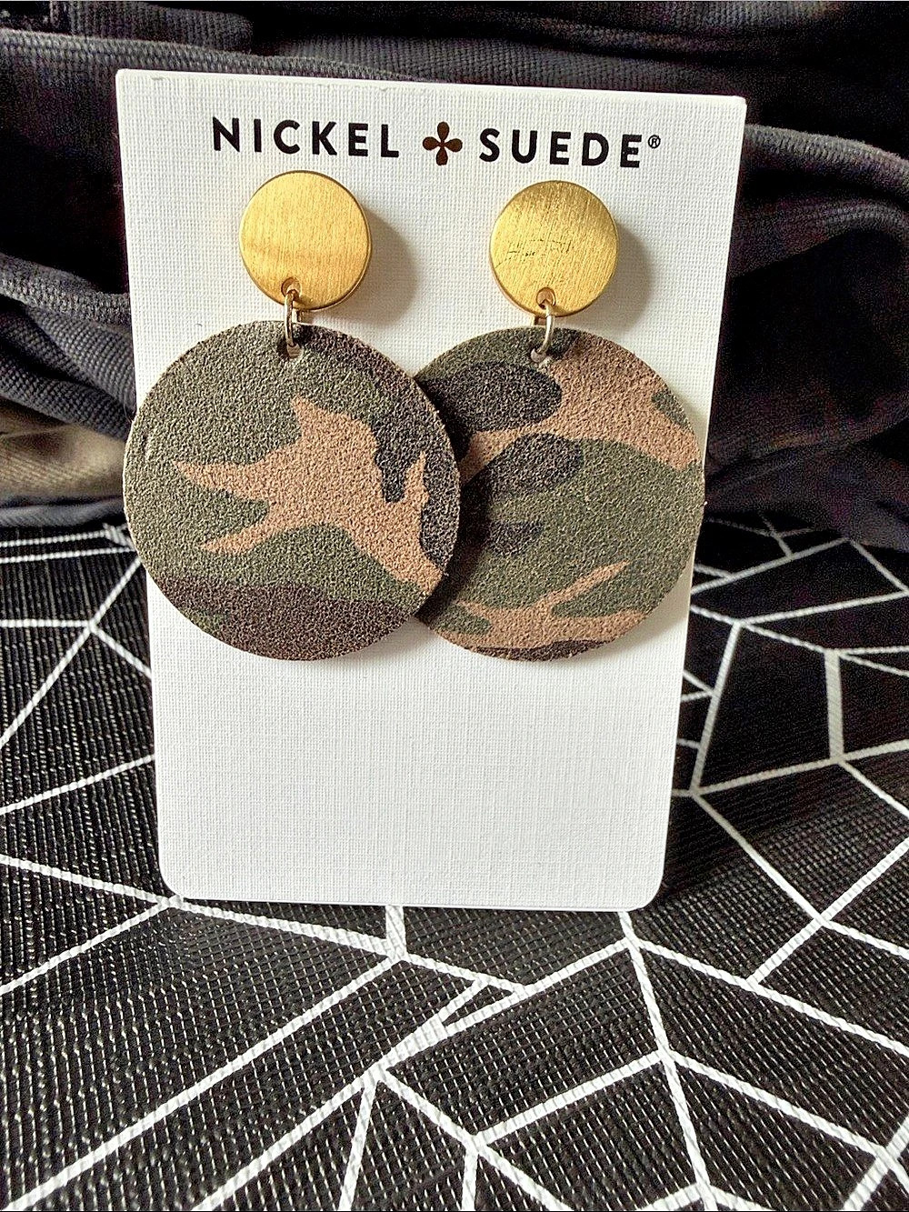Nickel & Suede Silver Satin Leather Earrings - M Camo Leather Earrings in Green